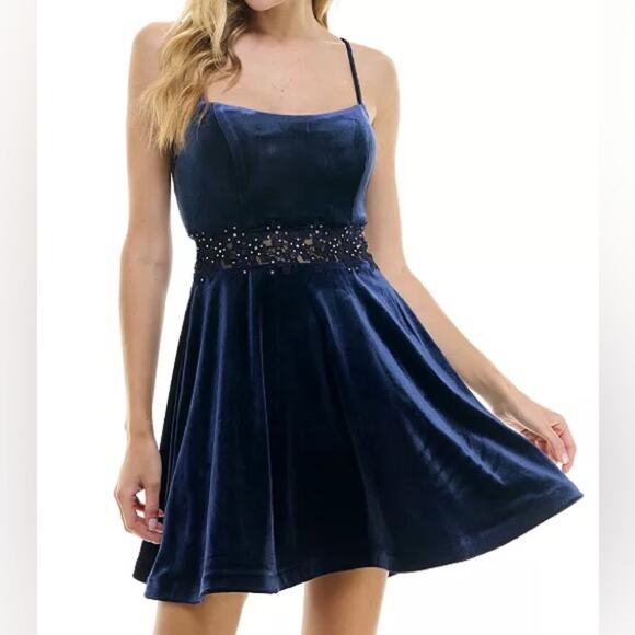 City Studios Juniors' Velvet Embellished-Waist Fit & Flare Dress Blue Size 1/2 - Picture 1 of 9